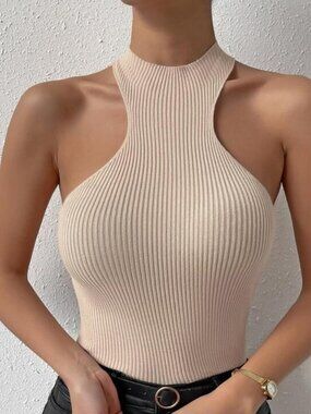 Ribbed Knit Tank Top Blouse - Beige